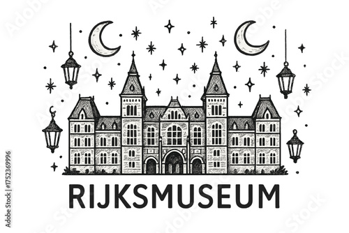 Rijksmuseum Under The Moons. Hand-drawn rijksmuseum amsterdam with moons, lanterns, and sparkles, center word “Rijksmuseum” in