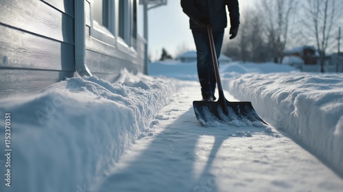 Low angle shot of a person using a shovel to clear a narrow path right next to a house wall