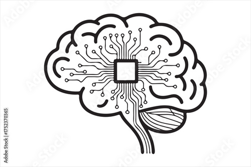 Artificial intelligence brain chip technology concept silhouette a white background