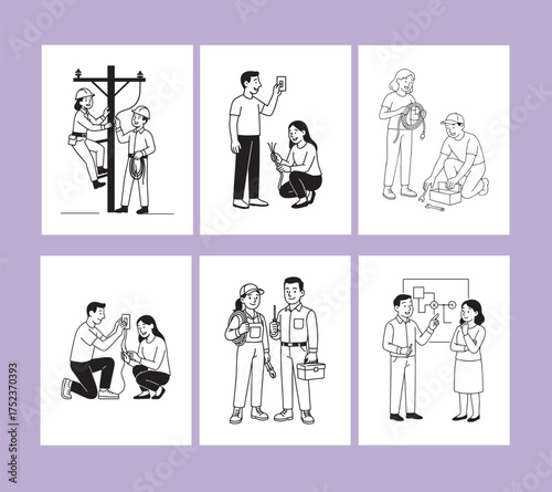 Electrician and wiring vector set – people installing, repairing, and working on electrical circuits in minimal line art style