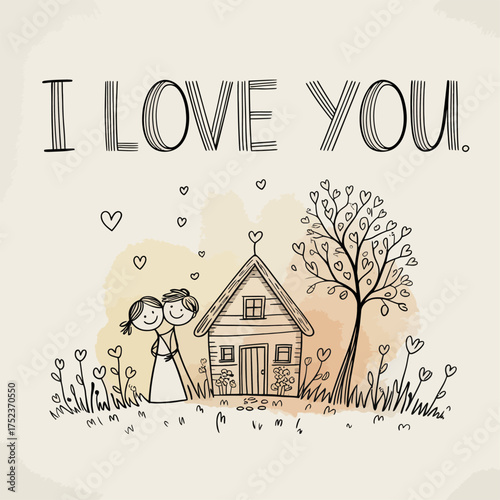 Eternal Love: A heartwarming illustration captures the essence of love, with a couple embracing near their cozy home. The phrase I Love You crowns the scene.