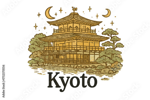 Golden Pavilion Kyoto. Hand-drawn golden pavilion kyoto with moons, gardens, and sparkles, center word “Kyoto” in black and white