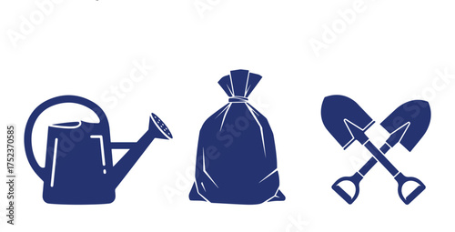 Gardening Tools and Supplies Icon Set Watering Can Bag and Shovels Keywords: gardening, tools, supplies, icon, set, watering can