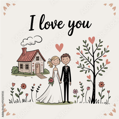 A Wedding Scene: A charming cartoon scene portraying a couple in love and the beginning of a new family life. with their dream home.