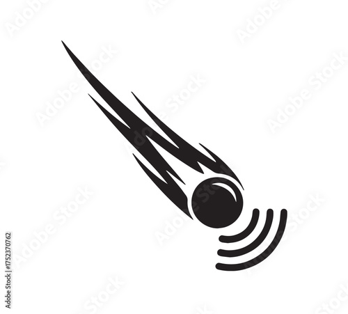 Black abstract comet or meteor with trailing fire streaks and radiating waves on white background space