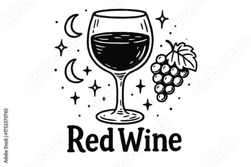 Red Wine Elegance. Hand-drawn red wine glass with moons, grapes, and sparkles, center word “RedWine” in black and white isolated