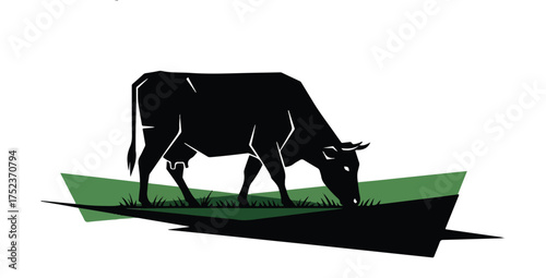 Black Silhouette of a Cow Grazing in a Green Field with Abstract Shapes Keywords: cow, cattle, grazing, field, grass, green, black