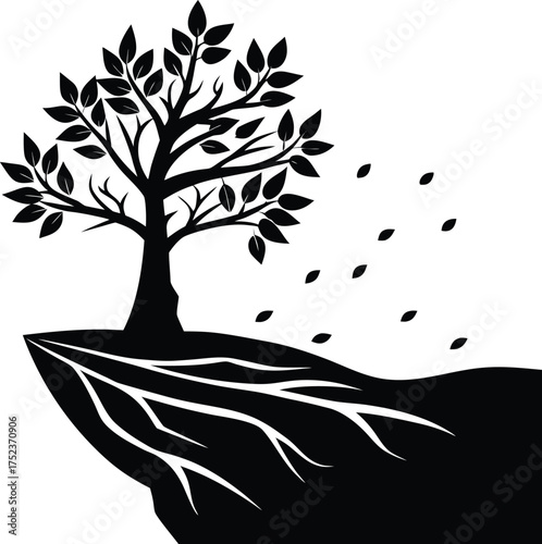 A Mighty Tree Stands Firmly Rooted on a Cliff Edge Losing Its Leaves to the Wind