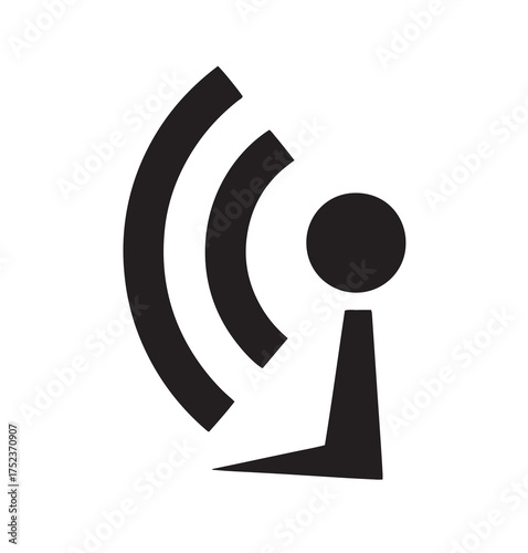 Black antenna icon with radiating signal waves on a white background broadcast transmission