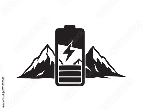 Black battery icon with lightning bolt symbol charging between two stylized mountain peaks power energy
