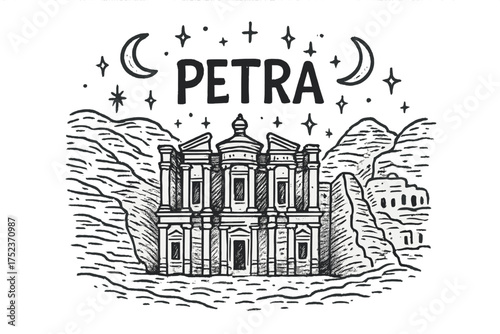 Petra Under Moons. Hand-drawn petra jordan with moons, temples, and sparkles, center word “Petra” in black and white isolated
