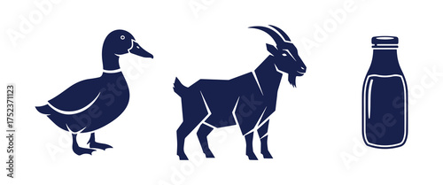Blue Silhouettes of a Duck, a Goat, and a Milk Bottle on a White Background dairy