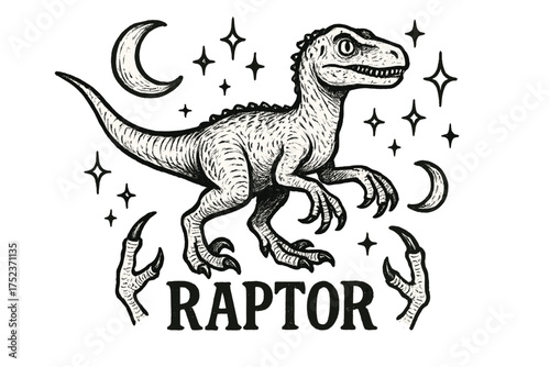 Velociraptor and Moons. Hand-drawn velociraptor with moons, claws, and sparkles, center word “Raptor” in black and white isolated