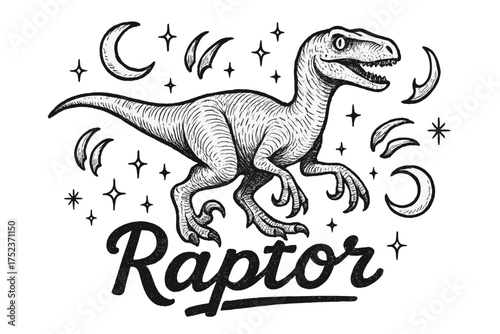 Velociraptor and Moons. Hand-drawn velociraptor with moons, claws, and sparkles, center word “Raptor” in black and white isolated
