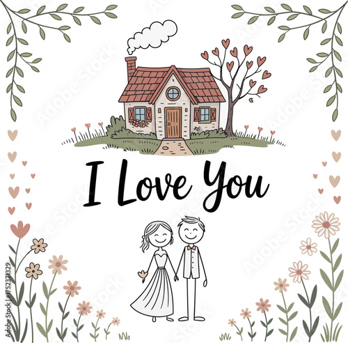 Love's Cottage:  A charming illustration of a loving couple standing in front of their dream home, a heartfelt expression of 'I Love You' and a beautiful life together.