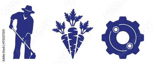Blue Silhouettes of a Farmer, Carrots, and a Gear on a White Background cogwheel digging