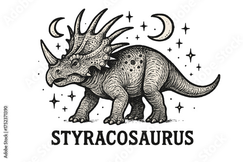 Styracosaurus Celestial Design. Hand-drawn styracosaurus with moons, horns, and sparkles, center word “Styracosaurus” in black and