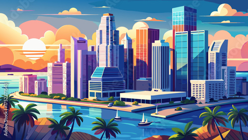 Very beautiful aerial view of Brickell skyscrapers showing the modern downtown Miami skyline above the coastline, with tall glass towers reflecting sunlight over Biscayne Bay.
