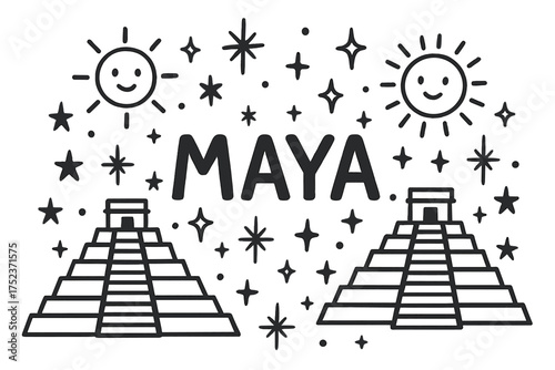 Mayan Temple Doodle. Doodle mayan temples with stars, suns, and sparkles, center word “Maya” in black and white isolated