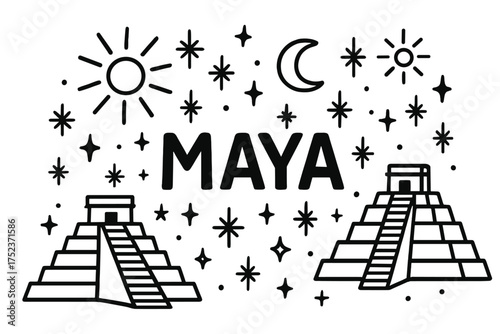 Mayan Temple Doodle. Doodle mayan temples with stars, suns, and sparkles, center word “Maya” in black and white isolated