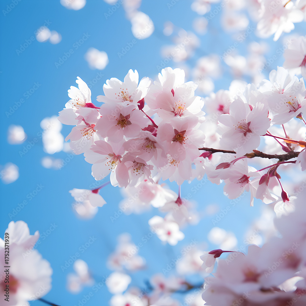 Obraz premium Delicate cherry blossoms in full bloom against a clear blue sky creating a serene and beautiful spring scene perfect for backgrounds and seasonal designs