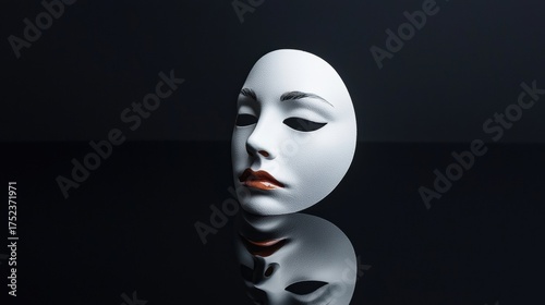 Close-up of a white mask with a black background. the mask is in the center of the image, with its reflection visible on the surface below it.