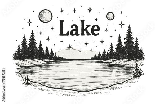 Frozen Lake Serenity. Hand-drawn frozen lake with moons, trees, and sparkles, center word “Lake” in black and white isolated