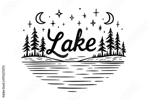 Frozen Lake Serenity. Hand-drawn frozen lake with moons, trees, and sparkles, center word “Lake” in black and white isolated