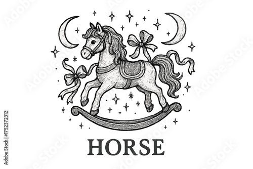 Whimsical Rocking Horse. Hand-drawn rocking horse with moons, ribbons, and sparkles, center word “Horse” in black and white