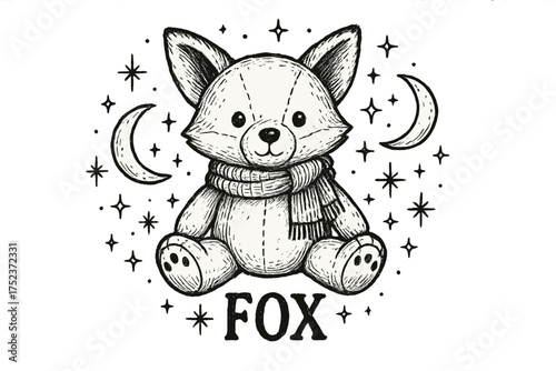 Stuffed Fox Design. Hand-drawn stuffed fox with moons, scarves, and sparkles, center word “Fox” in black and white isolated