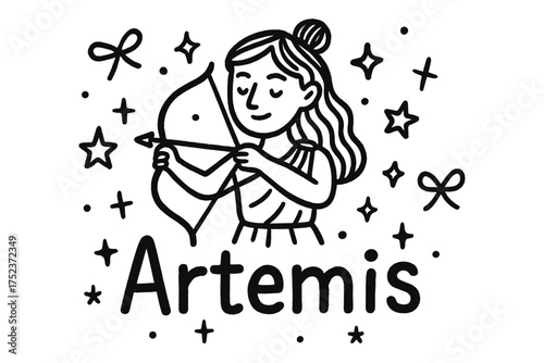 Artemis Doodle Design. Doodle artemis with stars, bows, and sparkles, center word “Artemis” in black and white isolated