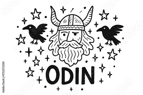 Odin's Doodle Delight. Doodle odin with stars, ravens, and sparkles, center word “Odin” in black and white isolated transparent