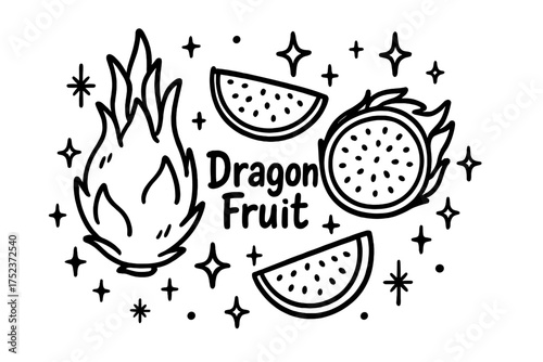 Dragon Fruit Doodle. Doodle dragon fruit with stars, sparkles, and slices, center word “DragonFruit” in black and white isolated