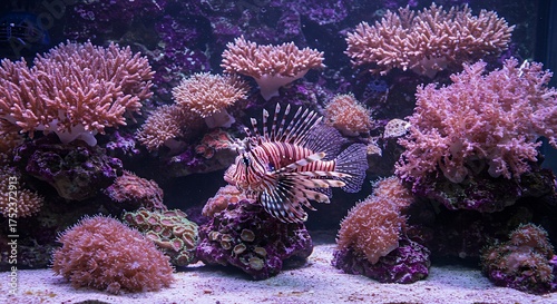 Fototapeta Naklejka Na Ścianę i Meble -  Majestic Lionfish Amidst Vibrant Coral Reef Ecosystem, Underwater Aquarium Scene.