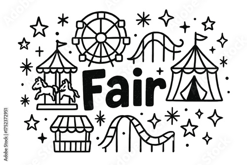 Fairground Doodle Wonderland. Doodle fairground with stars, rides, and sparkles, center word “Fair” in black and white isolated