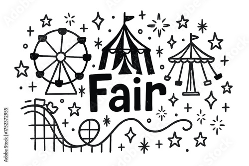 Fairground Doodle Wonderland. Doodle fairground with stars, rides, and sparkles, center word “Fair” in black and white isolated