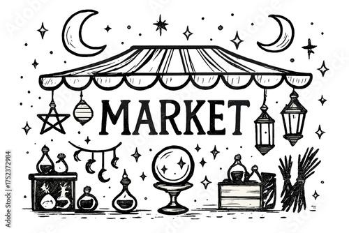 Magical Moonlit Market. Hand-drawn magical marketplace with moons, lanterns, and sparkles, center word “Market” in black and white