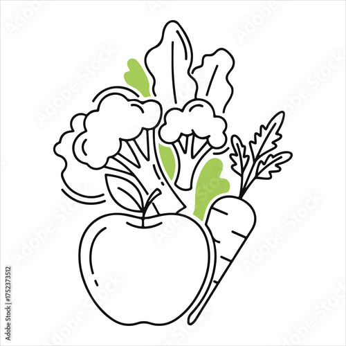 Fresh produce food art with apple broccoli carrot silhouette a white background