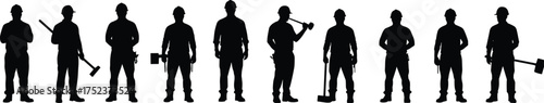 Construction worker silhouettes, tool poses, black and white illustration, safety gear, manual labor, building site, posture, equipment, teamwork, industrial tools