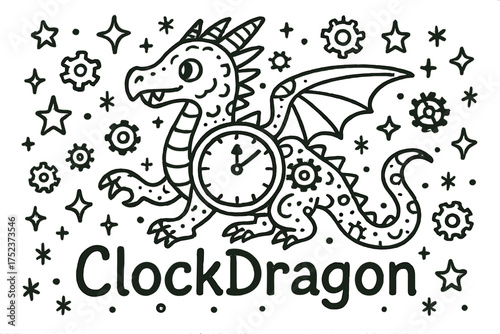 Clockwork Dragon Doodle. Doodle clockwork dragon with stars, cogs, and sparkles, center word “ClockDragon” in black and white