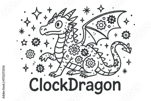 Clockwork Dragon Doodle. Doodle clockwork dragon with stars, cogs, and sparkles, center word “ClockDragon” in black and white