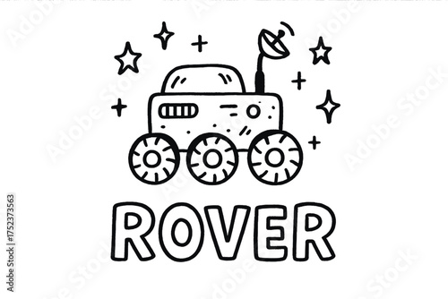 Lunar Rover Doodle. Doodle lunar rover with stars, wheels, and sparkles, center word “Rover” in black and white isolated