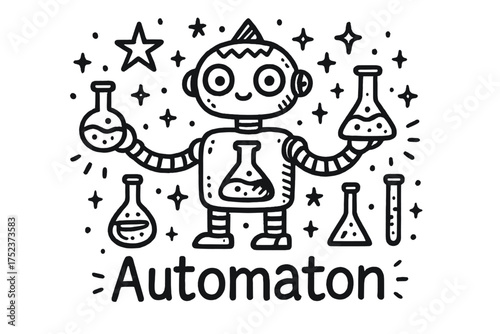 Alchemy Automaton Illustration. Doodle alchemy automaton with stars, flasks, and sparkles, center word “Automaton” in black and