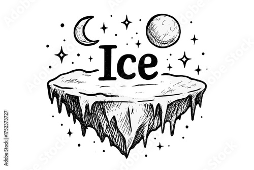 Icy Floating Island. Hand-drawn icy floating island with moons, snow, and sparkles, center word “Ice” in black and white isolated