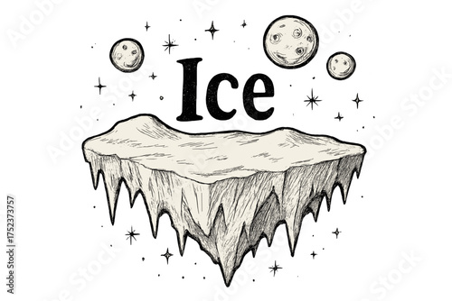 Icy Floating Island. Hand-drawn icy floating island with moons, snow, and sparkles, center word “Ice” in black and white isolated
