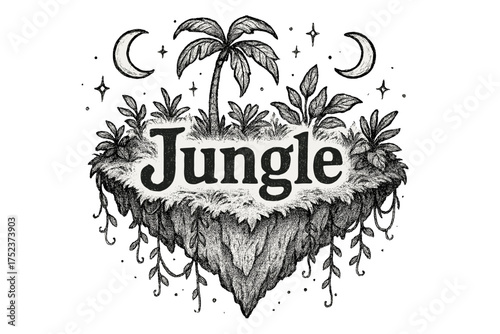 Floating Jungle Island. Hand-drawn jungle floating island with moons, vines, and sparkles, center word “Jungle” in black and white
