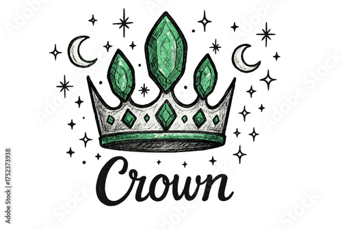 Emerald Crown Design. Hand-drawn emerald crown with moons, gems, and sparkles, center word “Crown” in black and white isolated