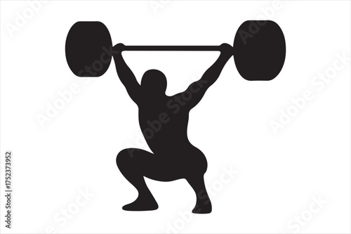 Weightlifter silhouette lifting barbell overhead silhouette a white background