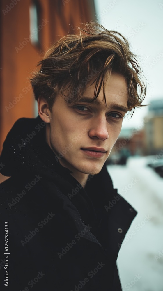 Fototapeta premium A handsome young man with wavy hair, wearing a dark coat, and making direct eye contact, against a blurred background of an outdoor scene.