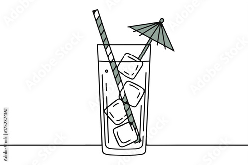 Refreshing drink with umbrella and straw silhouette a white background